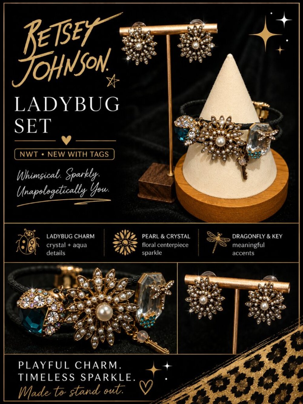 NWT Betsey Johnson Ladybug Charm Bracelet & Pearl Floral Earrings Set
